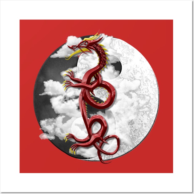 Red Chinese Dragon and Yin Yang Wall Art by macdonaldcreativestudios